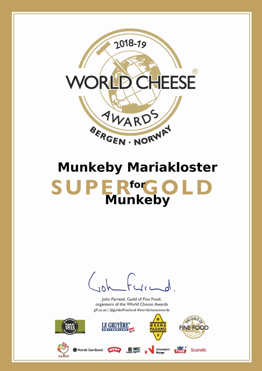 2019 SUPER GOLD Certificate